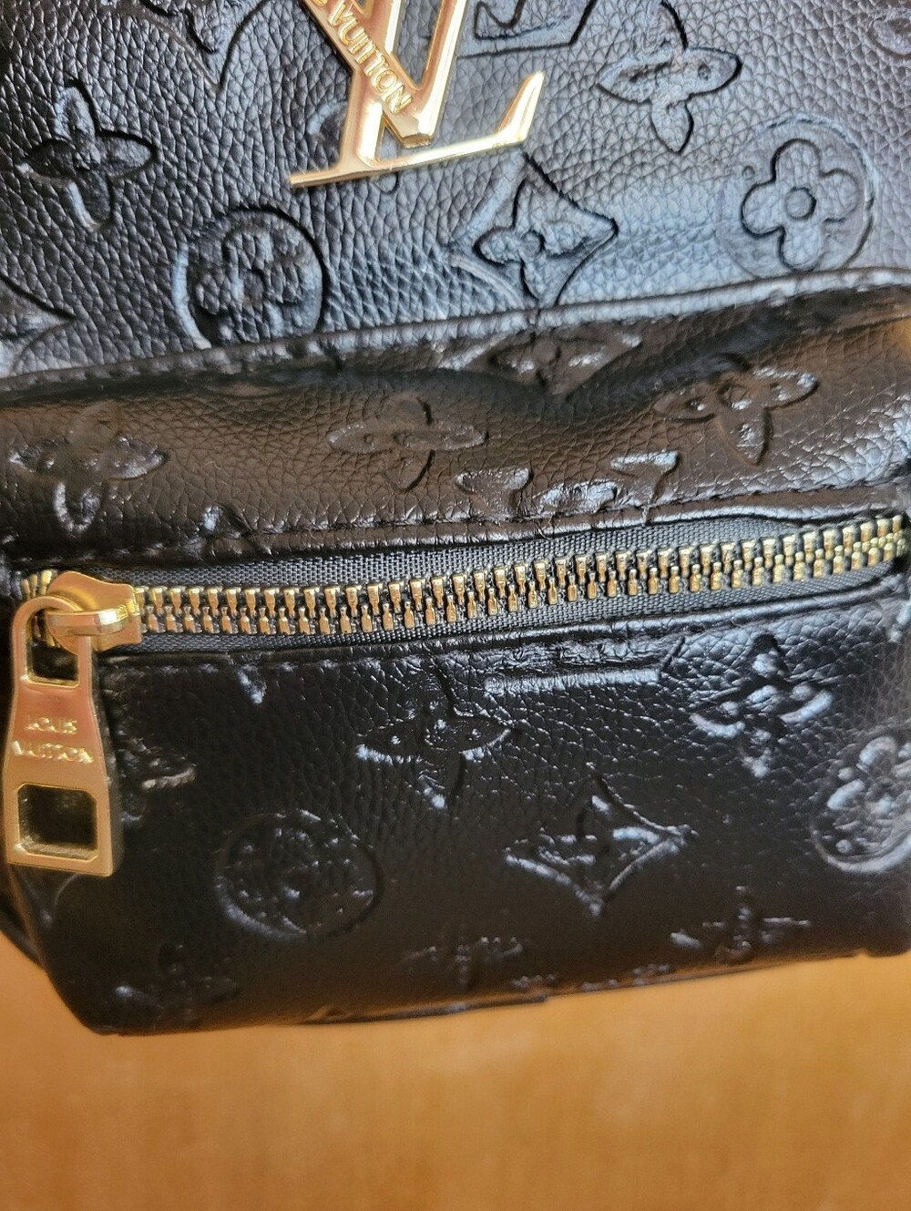 Designer Inspired Black Embossed Mini Backpack with Gold Hardware. - Picture 6 of 16